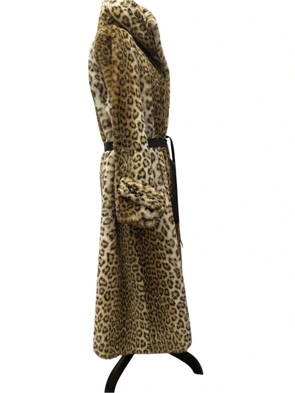 60s Faux Leopard Print Long Coat with Tie Belt - Picture 3 of 9